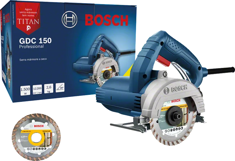Serra de mármore Bosch GDC 150 com disco de corte diamantado.