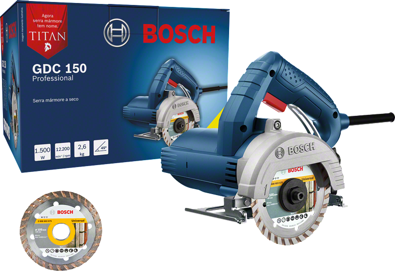 Serra de mármore Bosch GDC 150 com disco de corte diamantado.
