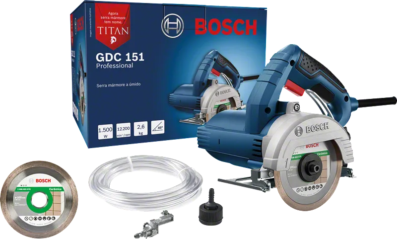 Cortador de mármore Bosch GDC 151 com lâmina e acessórios.