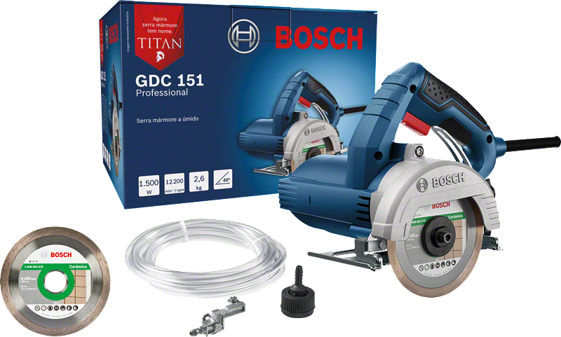Cortador de mármore Bosch GDC 151 com lâmina e acessórios.