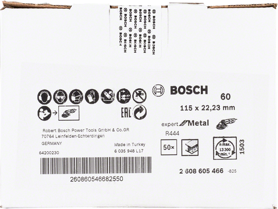 Discos de lixa Bosch Expert Metal R444 de 115 mm, pacote com 50 unidades.