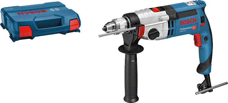 Furadeira Bosch GSB 24-2 com alça lateral e estojo de transporte.