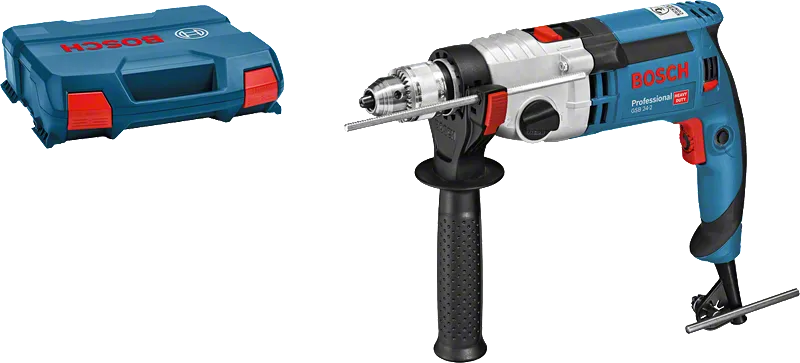 Furadeira Bosch GSB 24-2 com alça lateral e estojo de transporte.