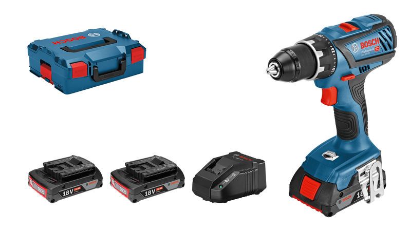 Conjunto de furadeira sem fio Bosch GSR 18V-28 com baterias e estojo.