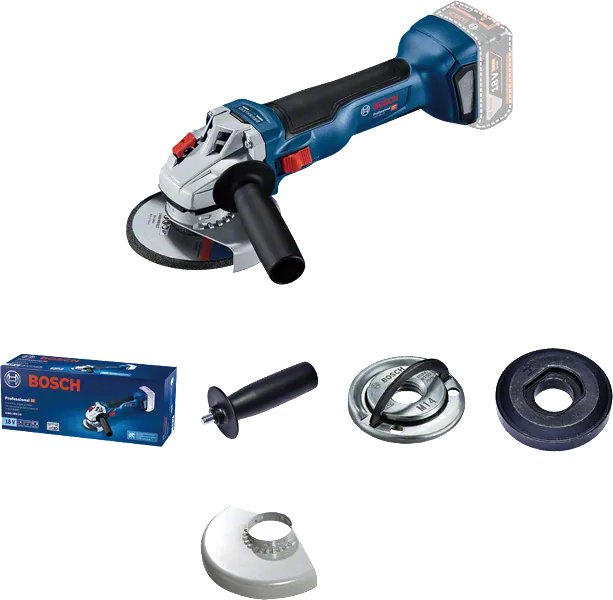 Esmerilhadeira angular Bosch GWS 18V-10 com acessórios.