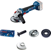 Esmerilhadeira angular Bosch GWS 18V-10 com acessórios.