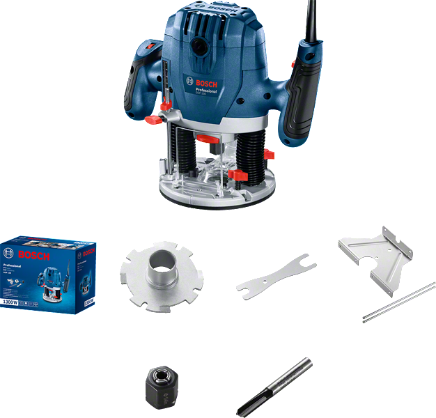 Fresadora de imersão Bosch GOF 130 com conjunto de acessórios.