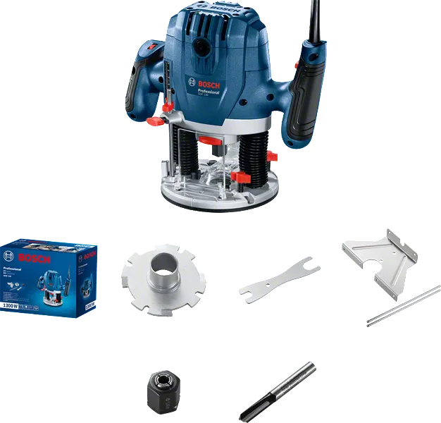 Fresadora de imersão Bosch GOF 130 com conjunto de acessórios.