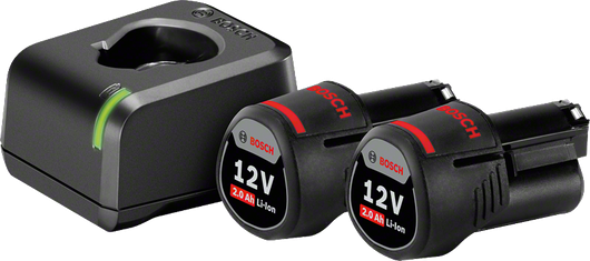 Kit inicial Bosch 12 V com carregador e duas baterias de 2,0 Ah.