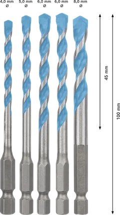 Conjunto de brocas Bosch EXPERT HEX-9 MultiConstruction com 5 peças.