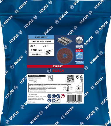 Disco de fibra cerâmica Bosch EXPERT R781 Prisma 180 mm 36+.