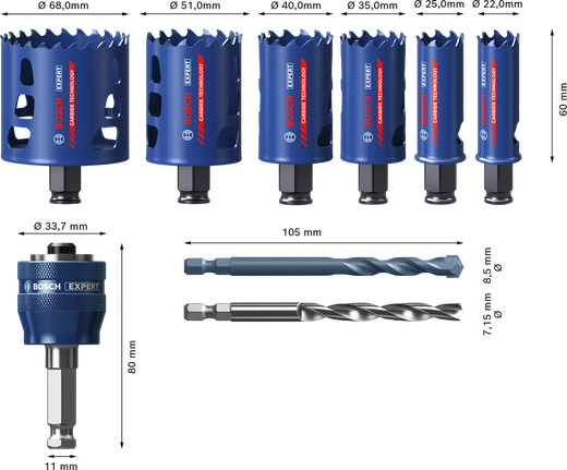 Conjunto de serras copo multimateriais Bosch EXPERT com 9 peças em tamanhos variados.