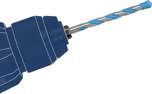 Um mandril de perfuração segura uma broca espiral com uma ponta azul.