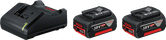 Conjunto de partida Bosch de 18 V com carregador GAL18V-20 e duas baterias de 4,0 Ah.