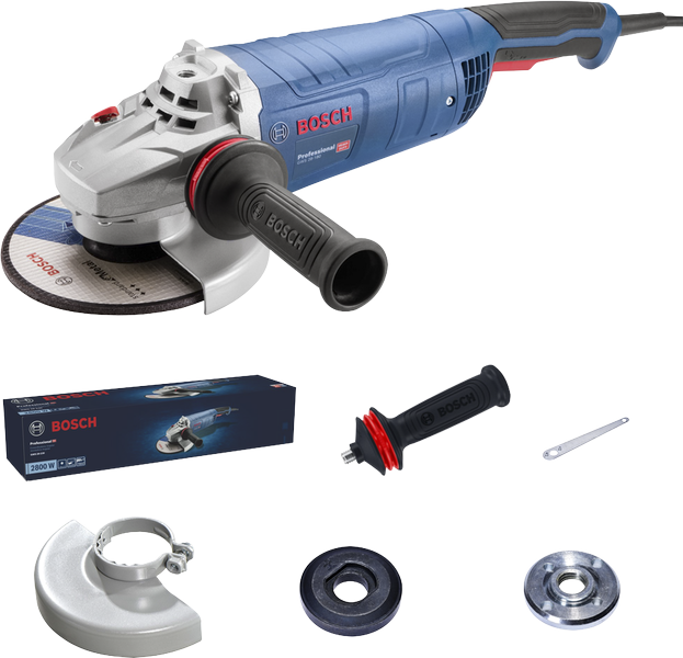 Esmerilhadeira angular Bosch GWS 28-180 com conjunto de acessórios.