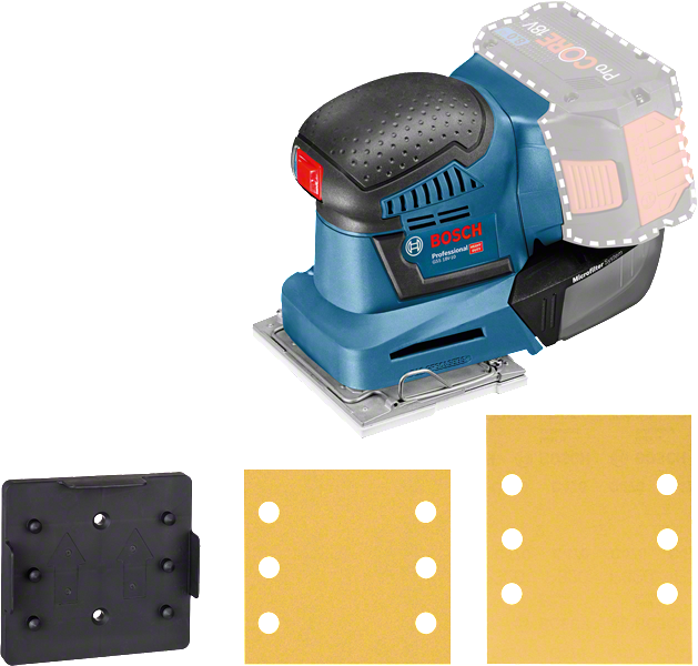 Lixadeira orbital sem fio Bosch GSS 18V-10 com folhas de lixa.