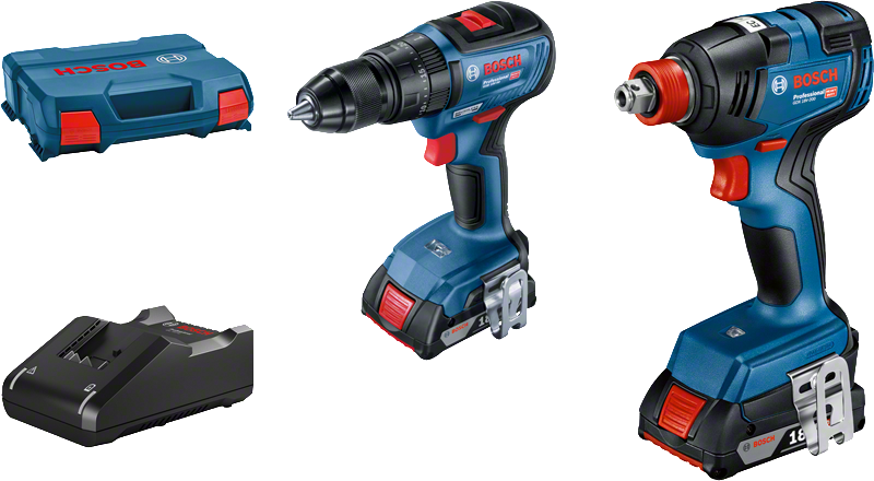 Kit combinado Bosch de 18 V com furadeira, parafusadeira de impacto, carregador e estojo.