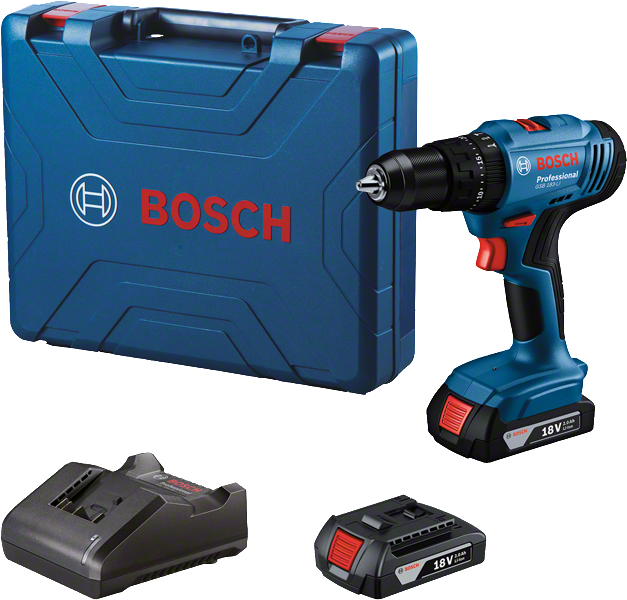 Conjunto de furadeira sem fio Bosch GSB 18V-45 com estojo e carregador.