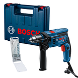 Kit de furadeira Bosch GSB 13 RE com brocas e estojo de transporte.