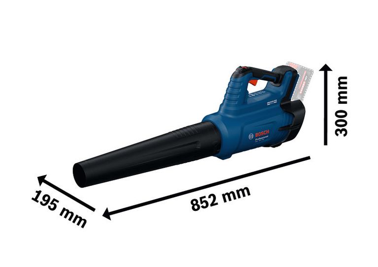 Soprador de folhas sem fio Bosch GBL 18V-750 com dimensões.