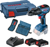 Conjunto de furadeira sem fio Bosch com duas baterias de 18 V e brocas.