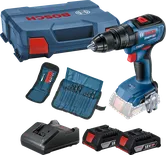 Conjunto de furadeira sem fio Bosch com duas baterias de 18 V e brocas.