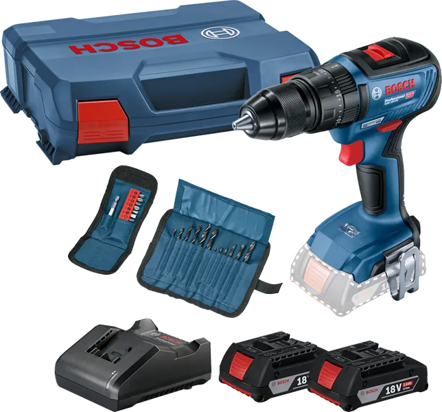 Conjunto de furadeira sem fio Bosch com duas baterias de 18 V e brocas.