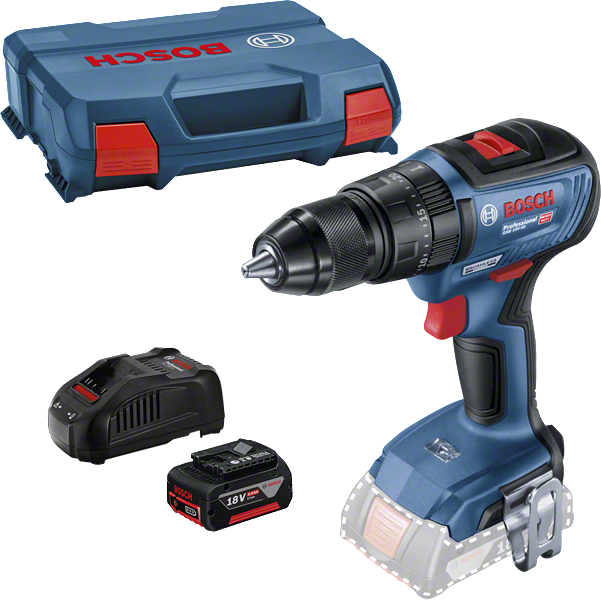Conjunto de furadeira sem fio Bosch com bateria de 18 V e estojo.