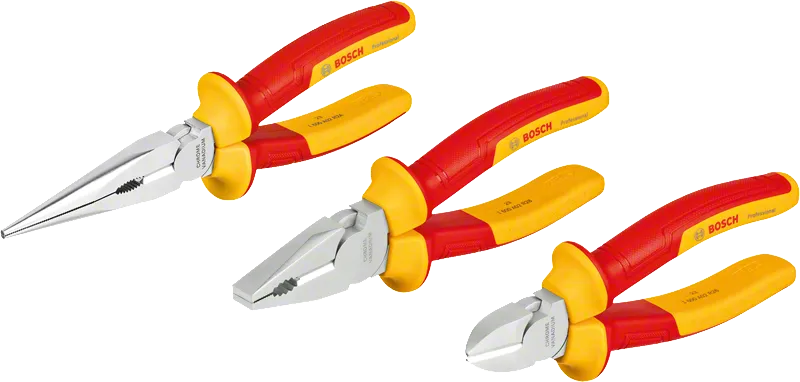 Conjunto de 3 alicates Bosch VDE, cabos isolados para segurança.