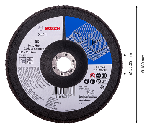 Disco flap de aço de óxido de alumínio Bosch X421 180x22,23 mm G80.