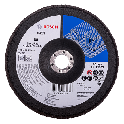 Disco flap de aço Bosch X421, 180 mm, grão 80.