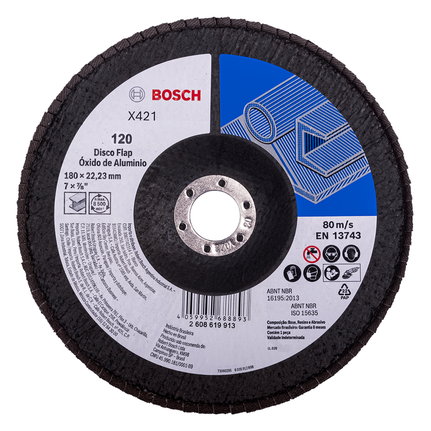 Disco flap de aço Bosch X421 180 mm G120 óxido de alumínio.