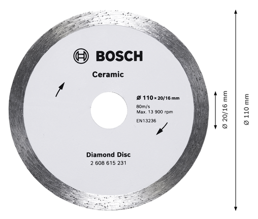 Disco diamantado cerâmico Bosch de 110 mm para corte de azulejos.