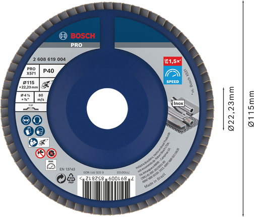 Disco lamelar Bosch PRO X571 115 mm G40 para retificação de metais.