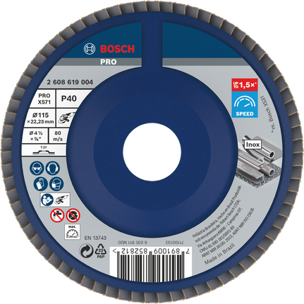 Disco lamelar Bosch PRO X571 115 mm G40 para retificação de metais.