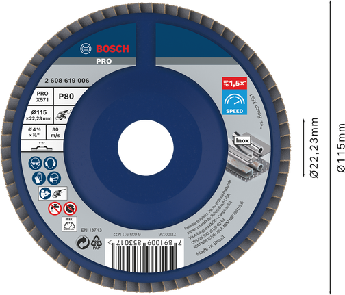 Disco de lixa Bosch PRO X571, 115 mm, G80 para metal.