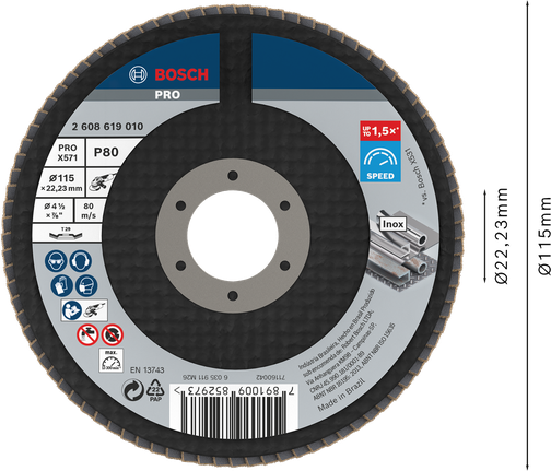 Disco flap Bosch PRO X571 angular 115mm G80 para metal.