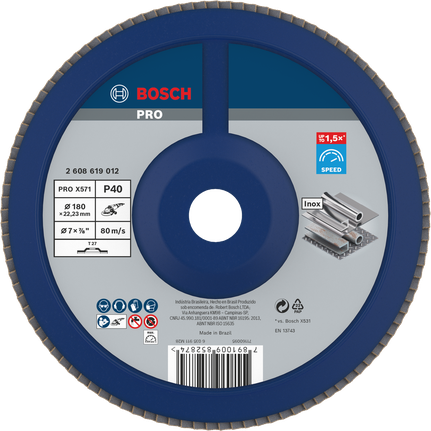 Disco de lixa Bosch PRO X571 Flap 180 mm G40 para retificação de metais.