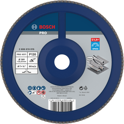 Disco flap Bosch PRO X571 180 mm G120 para metal.