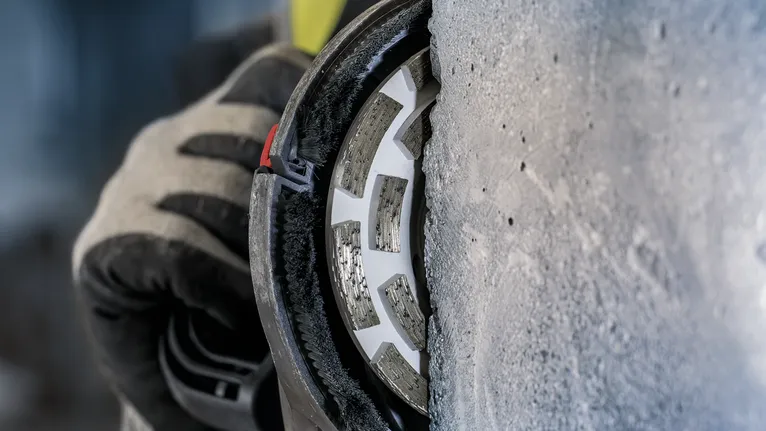 Uma pessoa usando equipamento de segurança tritura concreto com uma roda diamantada.