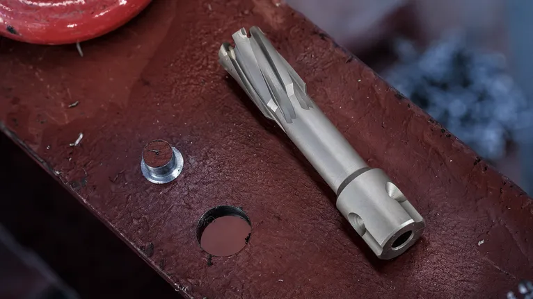 Fresa anular e furo perfurado na superfície de uma viga metálica.