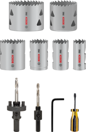 Conjunto de serras copo multimateriais Bosch PRO com 12 peças para vários diâmetros.