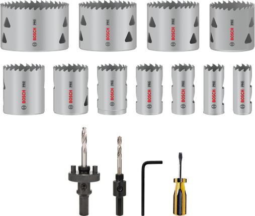 Conjunto de serras copo multimateriais Bosch PRO com 17 peças para corte.