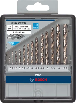 Conjunto de brocas Bosch PRO HSS-Co de aço inoxidável com 13 peças.