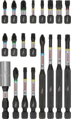 Conjunto de 20 pontas de chave de fenda de impacto Bosch PRO para fixações diversas.
