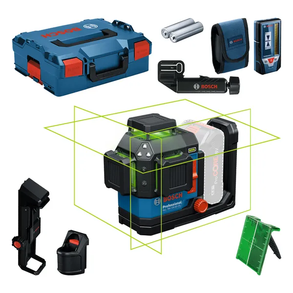 Ferramenta de nivelamento a laser combinada Bosch GLL 18V-120 com acessórios.
