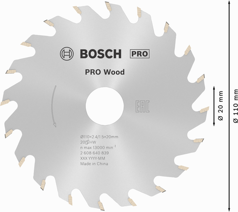 Lâmina de serra circular Bosch PRO Wood, 110 mm de diâmetro.