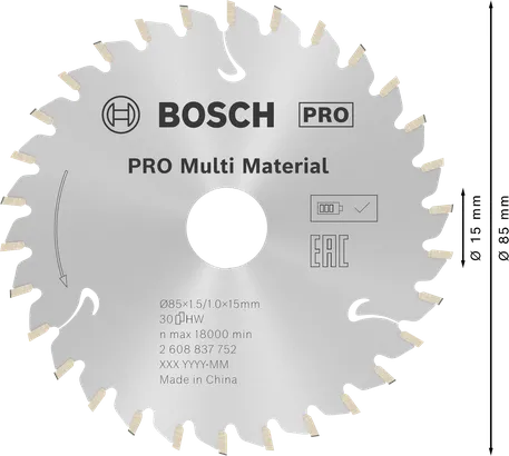 Lâmina de serra circular Bosch PRO Multi Material, 85 mm de diâmetro.