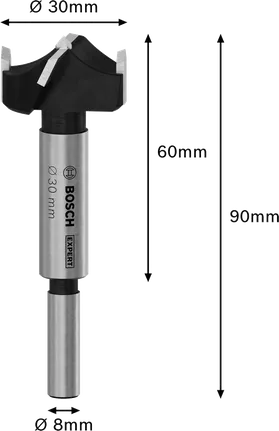Broca para corte de dobradiças para madeira laminada Bosch EXPERT, 30 mm de diâmetro.