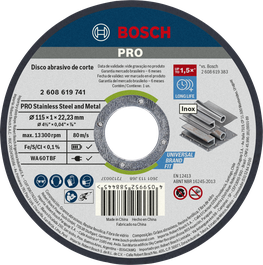 Disco de corte Bosch PRO para aço inoxidável e metal de 115 mm.
